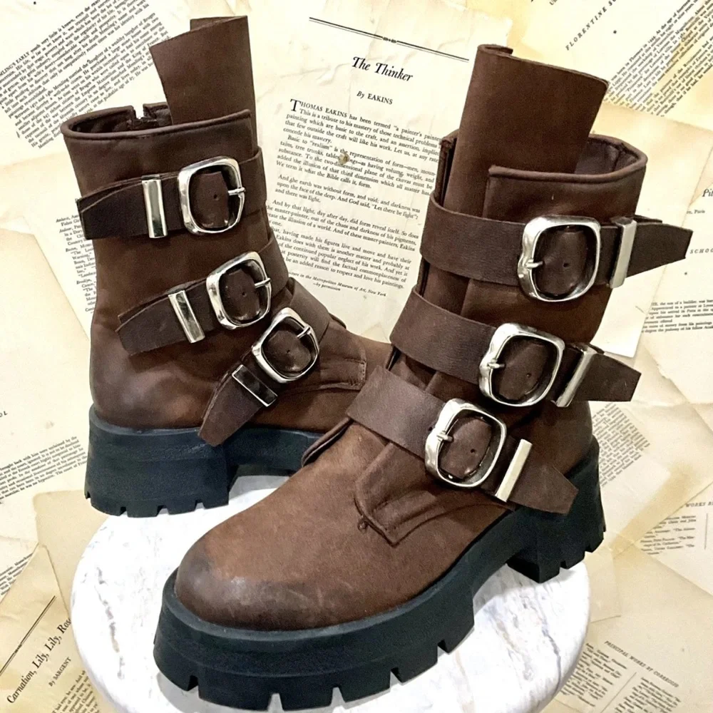 Urban Outfitters Steve Madden Roland Moto Boot Platform Lug Sole Brown - Picture 6 of 9